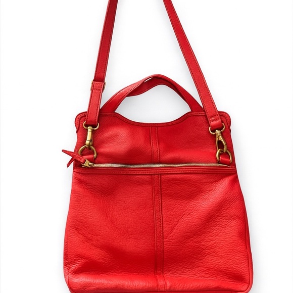 Fossil Erin Red Leather Foldover Crossbody Tote Bag Pockets Adjustable Strap - Picture 10 of 12